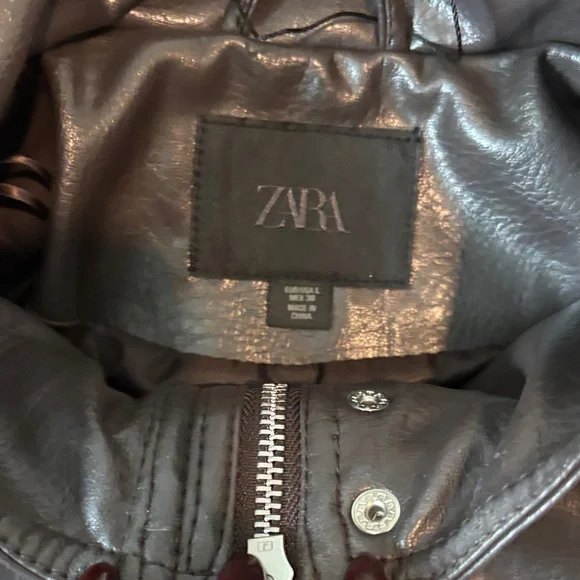 Zara Brown Faux Leather Bomber Jacket - Picture 2 of 9
